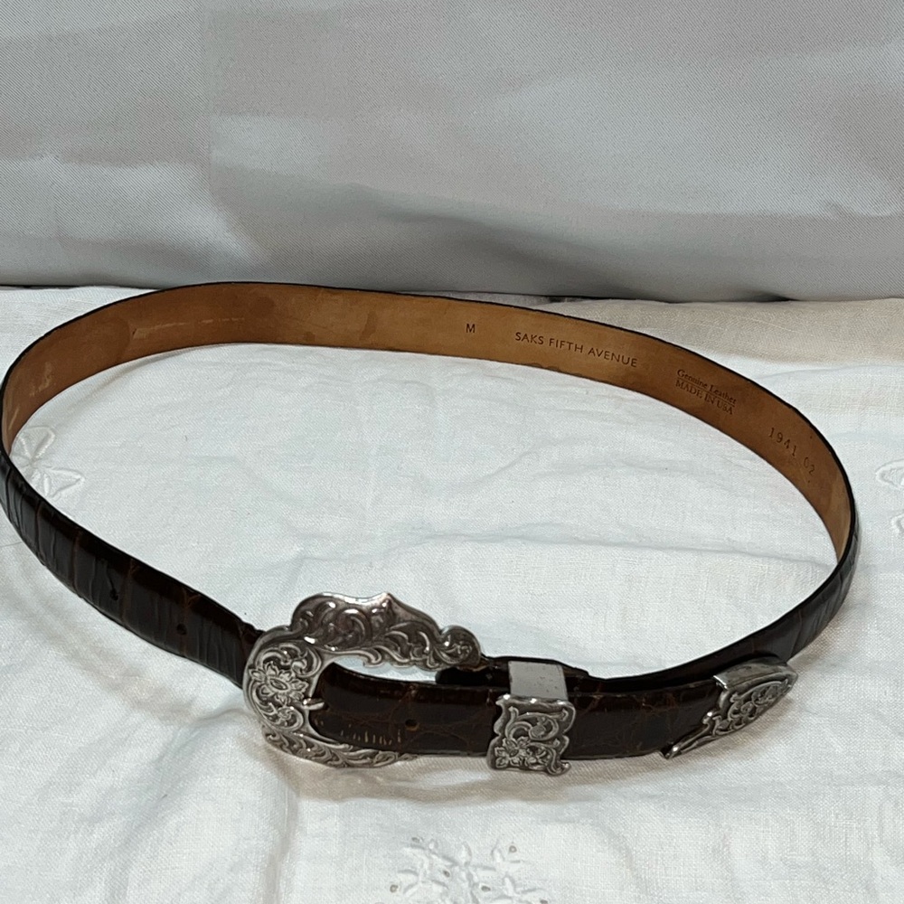 Saks Fifth Avenue -Brown Leather Belt with Silver engraved Buckle medium